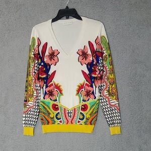 Etro Multicolor V-Neck Sweater with Floral and Paisley Patterns Women's Size M